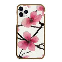 Чехол iPhone 11 Pro матовый Цветы и ветви японской сакуры - текстура холста, цвет: 3D-коричневый