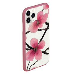 Чехол iPhone 11 Pro матовый Цветы и ветви японской сакуры - текстура холста, цвет: 3D-малиновый — фото 2