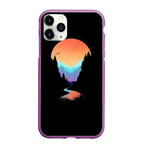 Чехол iPhone 11 Pro матовый Неоновое солнце SynthWave / 3D-Фиолетовый – фото 1