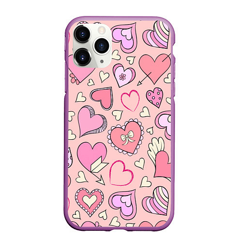 Чехол iPhone 11 Pro матовый Many many hearts / 3D-Фиолетовый – фото 1