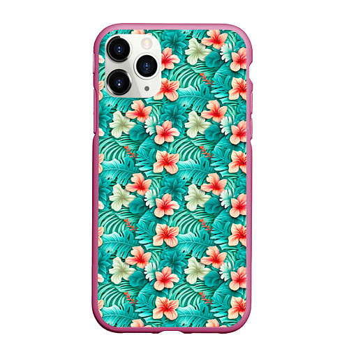 Чехол iPhone 11 Pro матовый Летние цветочки паттерн / 3D-Малиновый – фото 1
