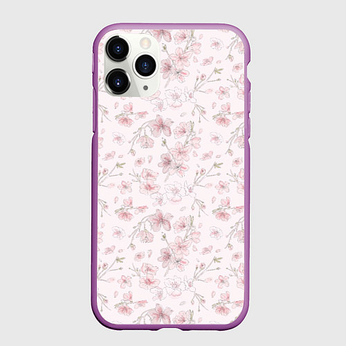 Чехол iPhone 11 Pro матовый Акварельный паттерн цветов сакуры / 3D-Фиолетовый – фото 1