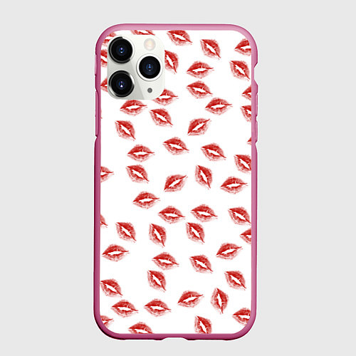 Чехол iPhone 11 Pro матовый Поцелуи - паттерн / 3D-Малиновый – фото 1