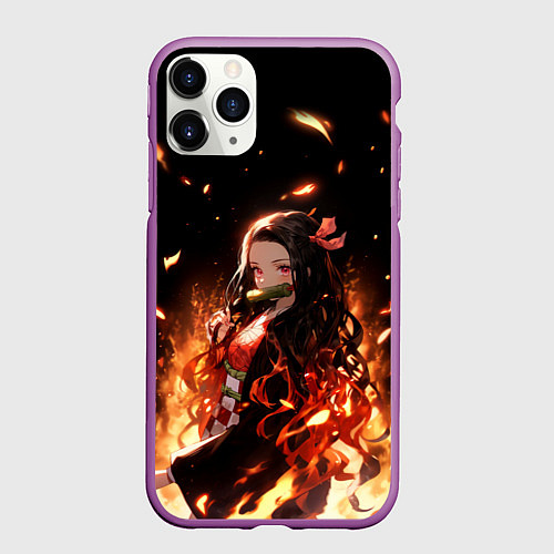 Чехол iPhone 11 Pro матовый Незуко и пламя - клинок / 3D-Фиолетовый – фото 1
