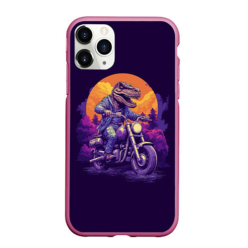 Чехол iPhone 11 Pro матовый Динозавр на мотоцикле / 3D-Малиновый – фото 1