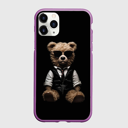 Чехол iPhone 11 Pro матовый Плюшевый мишка в очках / 3D-Фиолетовый – фото 1