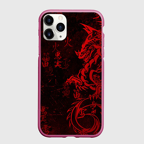Чехол iPhone 11 Pro матовый Красный дракон - иероглифы / 3D-Малиновый – фото 1