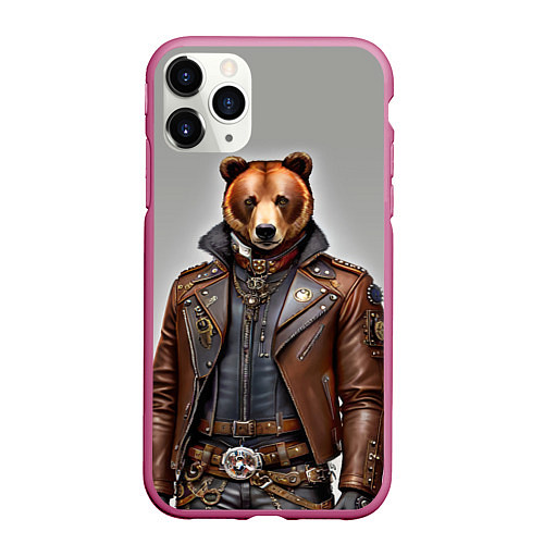 Чехол iPhone 11 Pro матовый Cool bear - steampunk - neural network / 3D-Малиновый – фото 1