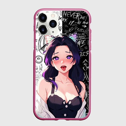 Чехол iPhone 11 Pro матовый Шинобу Кочо ахегао - Клинок демонов / 3D-Малиновый – фото 1