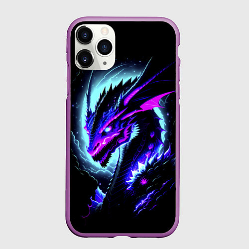 Чехол iPhone 11 Pro матовый Морда дракона - неоновое свечение / 3D-Фиолетовый – фото 1