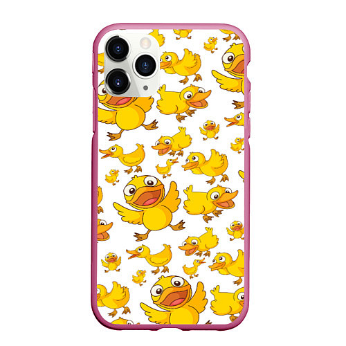 Чехол iPhone 11 Pro матовый Yellow ducklings / 3D-Малиновый – фото 1