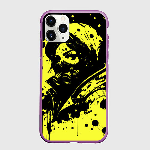 Чехол iPhone 11 Pro матовый Девушка в респираторе и кляксы чернил / 3D-Фиолетовый – фото 1