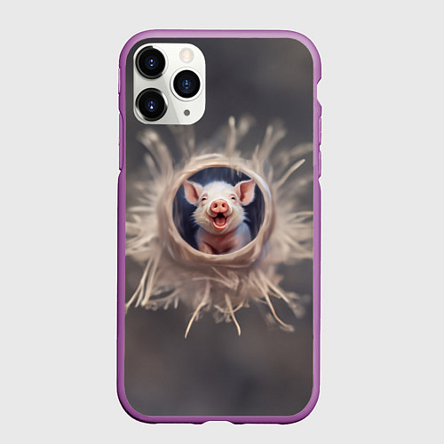 Чехол iPhone 11 Pro матовый Мордочка забавного поросёнка / 3D-Фиолетовый – фото 1