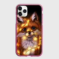 Чехол iPhone 11 Pro матовый Лисенок в гирлянде, цвет: 3D-малиновый