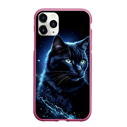 Чехол iPhone 11 Pro матовый Черный кот - брызги воды / 3D-Малиновый – фото 1