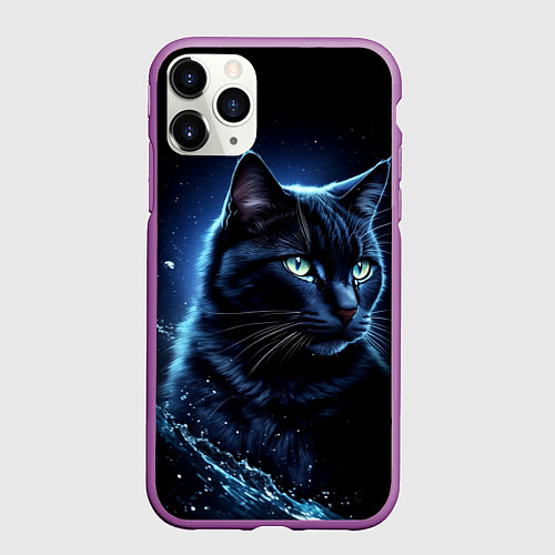 Чехол iPhone 11 Pro матовый Черный кот - брызги воды / 3D-Фиолетовый – фото 1
