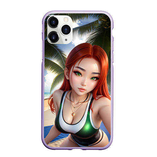 Чехол iPhone 11 Pro матовый Девушка с рыжими волосами на пляже / 3D-Светло-сиреневый – фото 1