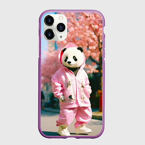 Чехол iPhone 11 Pro матовый Милая панда в пуховике / 3D-Фиолетовый – фото 1