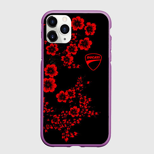 Чехол iPhone 11 Pro матовый Ducati - red flowers / 3D-Фиолетовый – фото 1