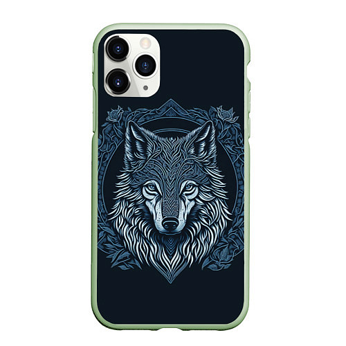 Чехол iPhone 11 Pro матовый Волк, векторный орнаментализм / 3D-Салатовый – фото 1