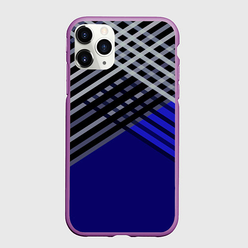 Чехол iPhone 11 Pro матовый Белые и серые полосы на синем фоне / 3D-Фиолетовый – фото 1