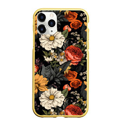 Чехол iPhone 11 Pro матовый Цветочный паттерн на черном, цвет: 3D-желтый