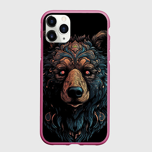 Чехол iPhone 11 Pro матовый Медведь из узоров / 3D-Малиновый – фото 1