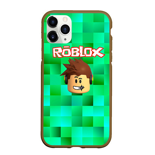 Чехол iPhone 11 Pro матовый Roblox head на пиксельном фоне / 3D-Коричневый – фото 1