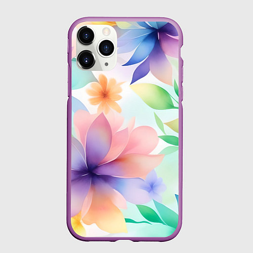 Чехол iPhone 11 Pro матовый Акварельные цветы - нейросеть / 3D-Фиолетовый – фото 1