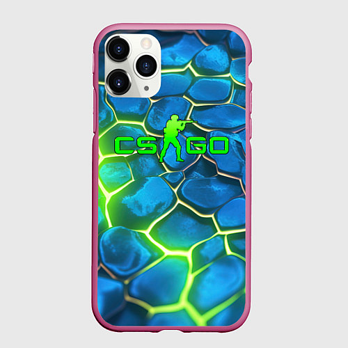 Чехол iPhone 11 Pro матовый CSGO green blue neon / 3D-Малиновый – фото 1