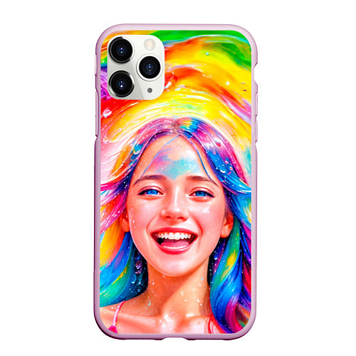 Чехол iPhone 11 Pro матовый Девушка с красочными волосами в каплях воды / 3D-Розовый – фото 1
