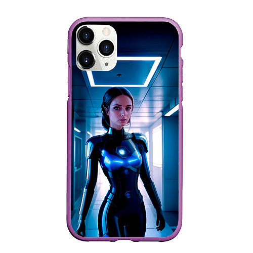 Чехол iPhone 11 Pro матовый Девушка биоробот на космической станции / 3D-Фиолетовый – фото 1