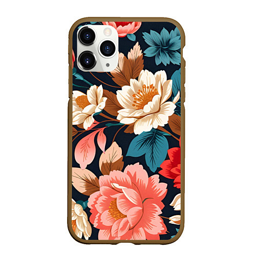Чехол iPhone 11 Pro матовый Летние цветы - паттерн / 3D-Коричневый – фото 1