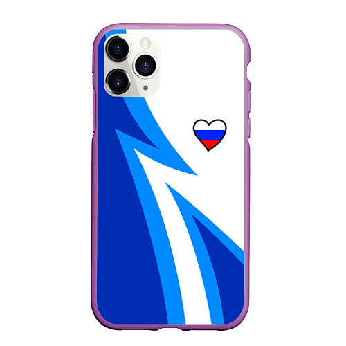 Чехол iPhone 11 Pro матовый Флаг России в сердечке - синий / 3D-Фиолетовый – фото 1