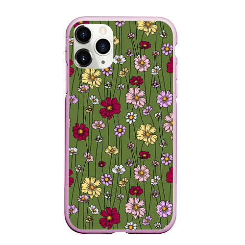 Чехол iPhone 11 Pro матовый Летний луг - паттерн / 3D-Розовый – фото 1