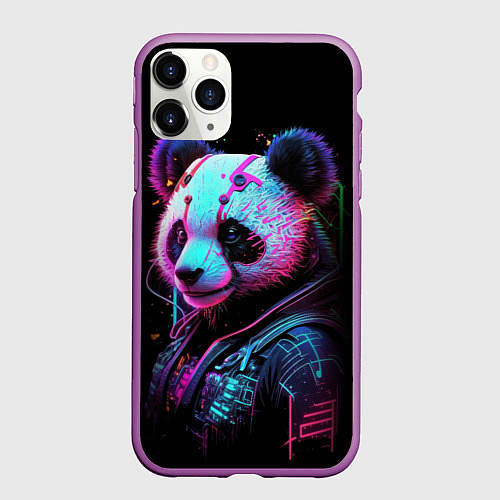 Чехол iPhone 11 Pro матовый Панда в красках киберпанк / 3D-Фиолетовый – фото 1