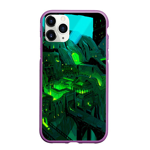 Чехол iPhone 11 Pro матовый Зелёный город / 3D-Фиолетовый – фото 1