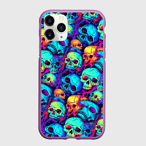 Чехол iPhone 11 Pro матовый Яркие кислотные черепа / 3D-Фиолетовый – фото 1