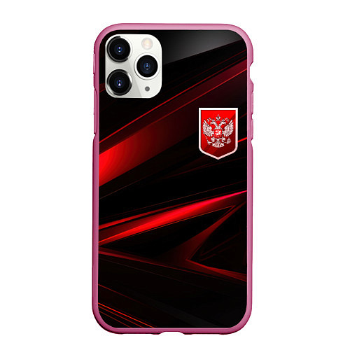 Чехол iPhone 11 Pro матовый Герб России красный и черный фон / 3D-Малиновый – фото 1