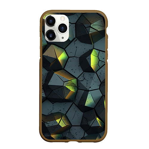 Чехол iPhone 11 Pro матовый Черная текстура с зелеными камнями / 3D-Коричневый – фото 1