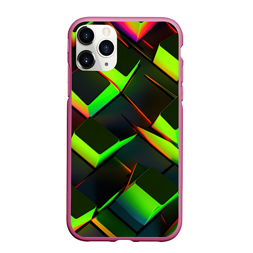 Чехол iPhone 11 Pro матовый Зеленые неоновые плитки / 3D-Малиновый – фото 1