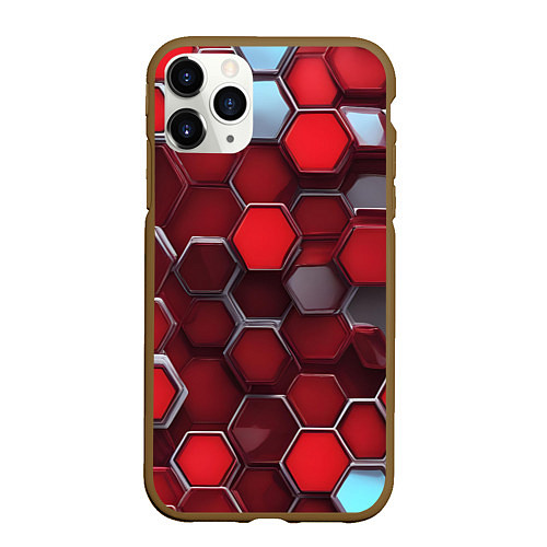 Чехол iPhone 11 Pro матовый Cyber hexagon red / 3D-Коричневый – фото 1