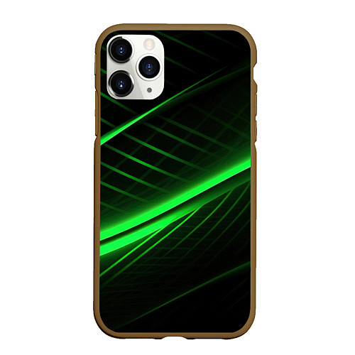 Чехол iPhone 11 Pro матовый Зеленые полосы на черном фоне / 3D-Коричневый – фото 1