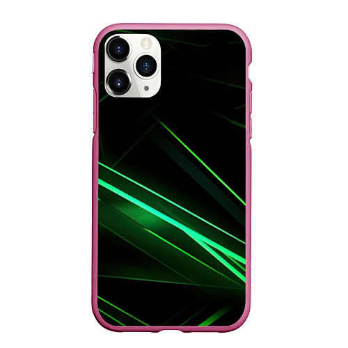 Чехол iPhone 11 Pro матовый Green lines black backgrouns / 3D-Малиновый – фото 1