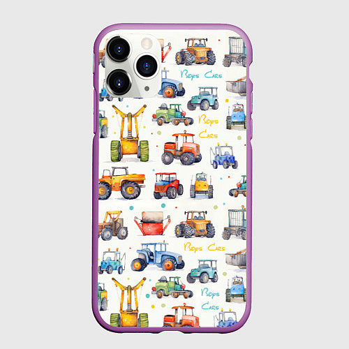 Чехол iPhone 11 Pro матовый Акварельные тракторы - детский паттерн / 3D-Фиолетовый – фото 1