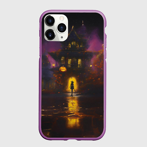 Чехол iPhone 11 Pro матовый Жуткий дом и ведьма с метлой / 3D-Фиолетовый – фото 1