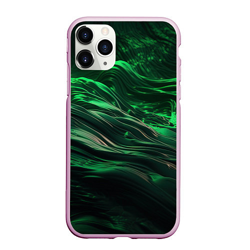 Чехол iPhone 11 Pro матовый Зеленые абстрактные волны / 3D-Розовый – фото 1