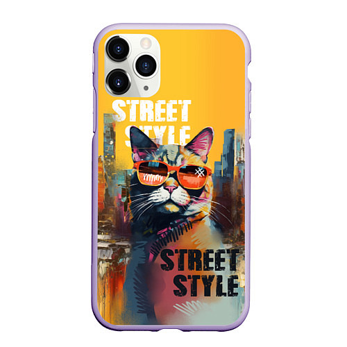 Чехол iPhone 11 Pro матовый Кот в городе - street style / 3D-Светло-сиреневый – фото 1