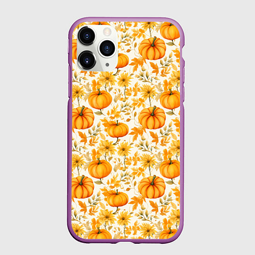 Чехол iPhone 11 Pro матовый Тыквы и осенние цветы - паттерн / 3D-Фиолетовый – фото 1