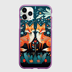 Чехол iPhone 11 Pro матовый Две лисички в стиле фолк арт, цвет: 3D-фиолетовый